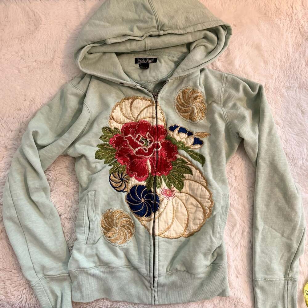 Lucky Brand Sage Green Floral Embroidered Zip-Up Hoodie - Picture 2 of 7